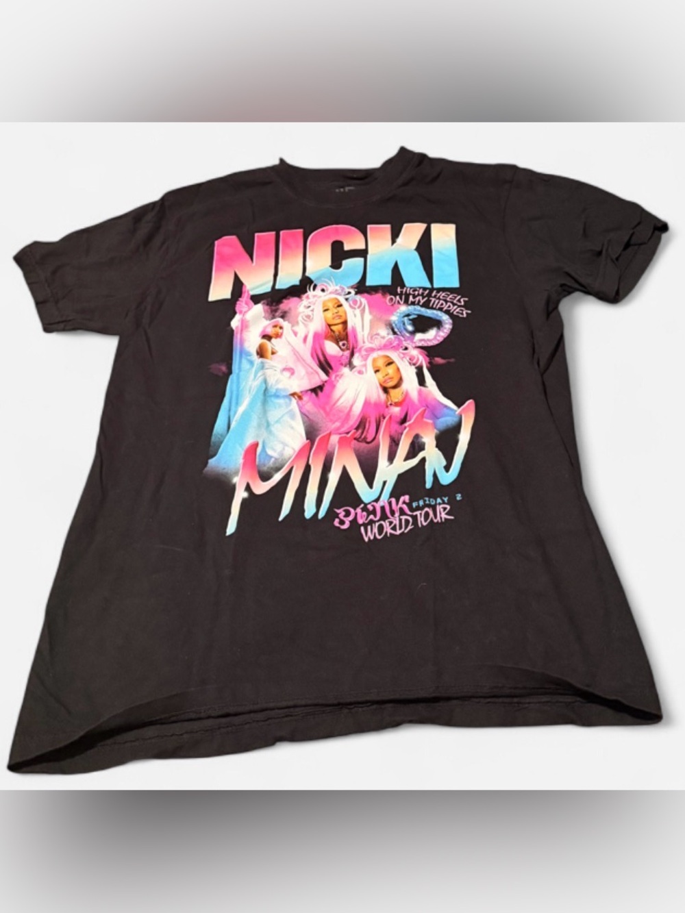 Nicki Minaj Black Short Sleeve Tee with Pink, Blue & Yellow Graphic